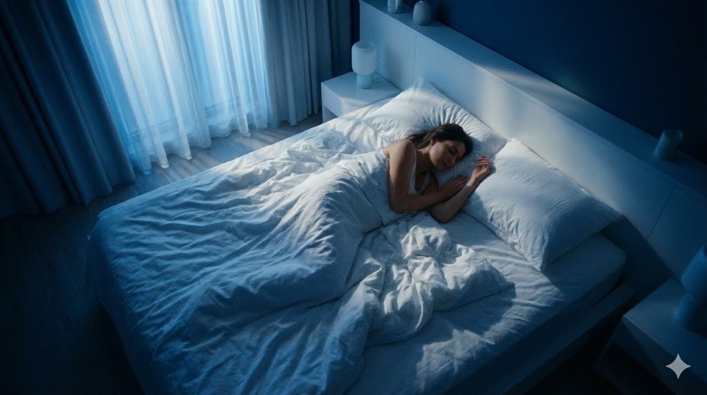 Mulher dormindo tranquilamente em quarto com iluminação azul noturna